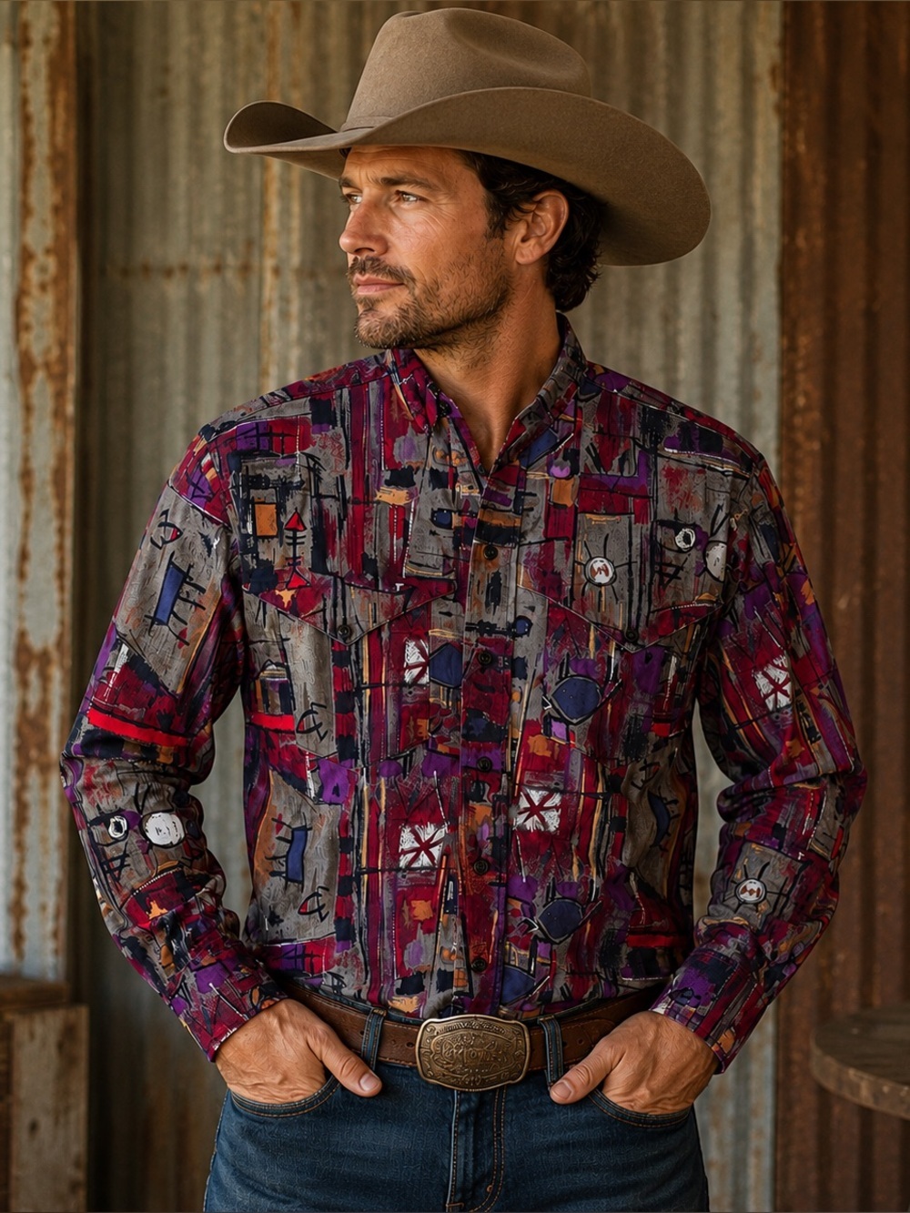 Vintage Roper Indian Paint Print Long Sleeve Western Shirt